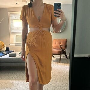 Abercrombie & Fitch Linen Knot Front Cut Out Midi Dress Golden